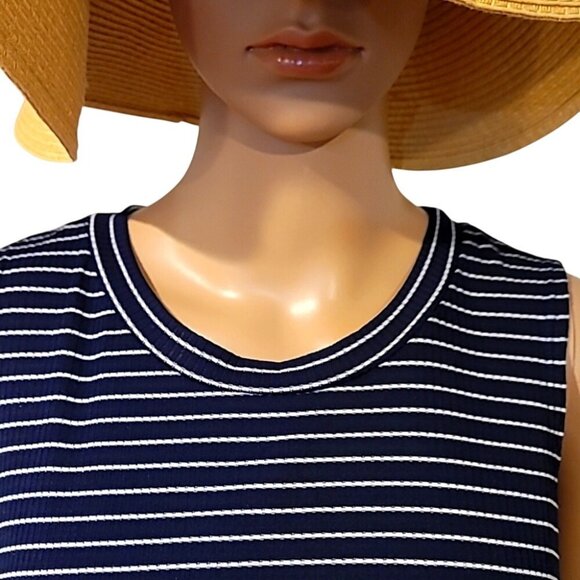 See You Monday Navy Blue & White Striped Sleeveless Trapeze Swing Dress - Picture 7 of 11